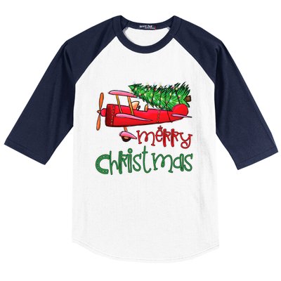 Merry Christmas Airplane Christmas Tree Pilot Xmas Funny Gift Baseball Sleeve Shirt