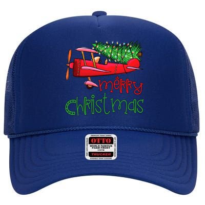 Merry Christmas Airplane Christmas Tree Pilot Xmas Funny Gift High Crown Mesh Back Trucker Hat