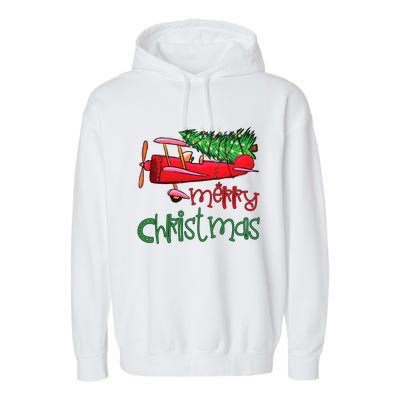 Merry Christmas Airplane Christmas Tree Pilot Xmas Funny Gift Garment-Dyed Fleece Hoodie