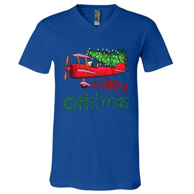 Merry Christmas Airplane Christmas Tree Pilot Xmas Funny Cute Gift V-Neck T-Shirt