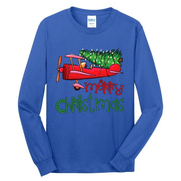 Merry Christmas Airplane Christmas Tree Pilot Xmas Funny Cute Gift Tall Long Sleeve T-Shirt