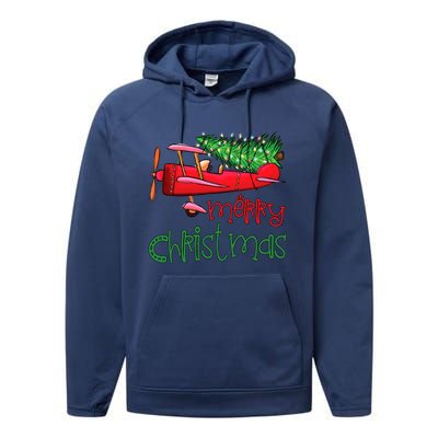 Merry Christmas Airplane Christmas Tree Pilot Xmas Funny Cute Gift Performance Fleece Hoodie