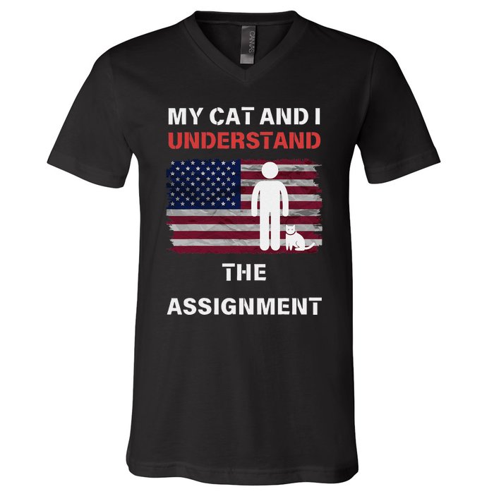 My Cat And I Understand The Assignment Usa Flag V-Neck T-Shirt