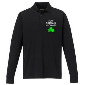 May Contain Alcohol Funny St. Saint Patrick's Day Performance Long Sleeve Polo