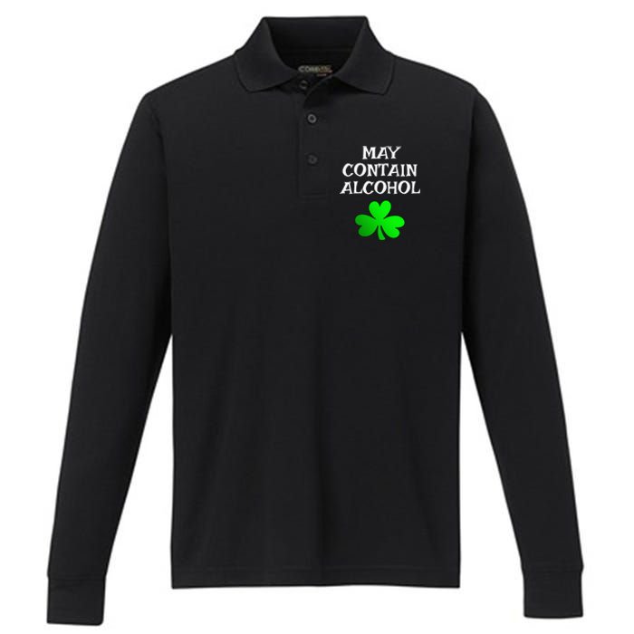 May Contain Alcohol Funny St. Saint Patrick's Day Performance Long Sleeve Polo