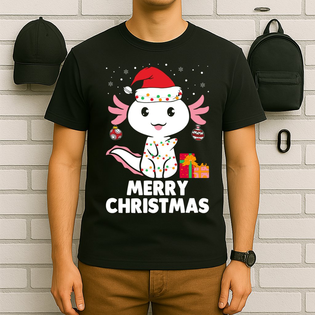 Merry Christmas Axolotl Santa Hat Christmas Salamander Fish T-Shirt