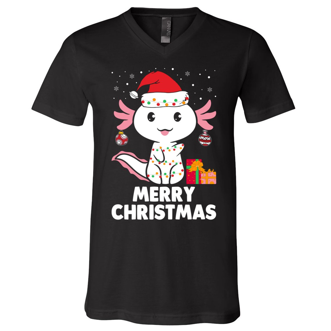 Merry Christmas Axolotl Santa Hat Christmas Salamander Fish V-Neck T-Shirt