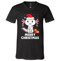 Merry Christmas Axolotl Santa Hat Christmas Salamander Fish V-Neck T-Shirt