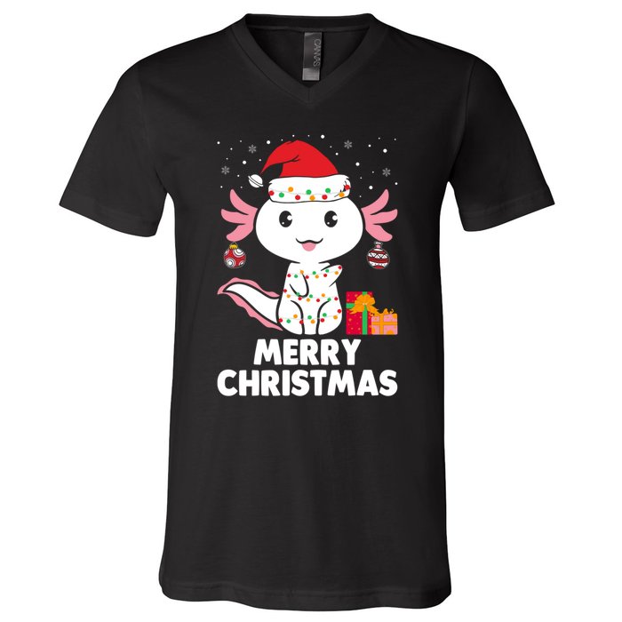 Merry Christmas Axolotl Santa Hat Christmas Salamander Fish V-Neck T-Shirt