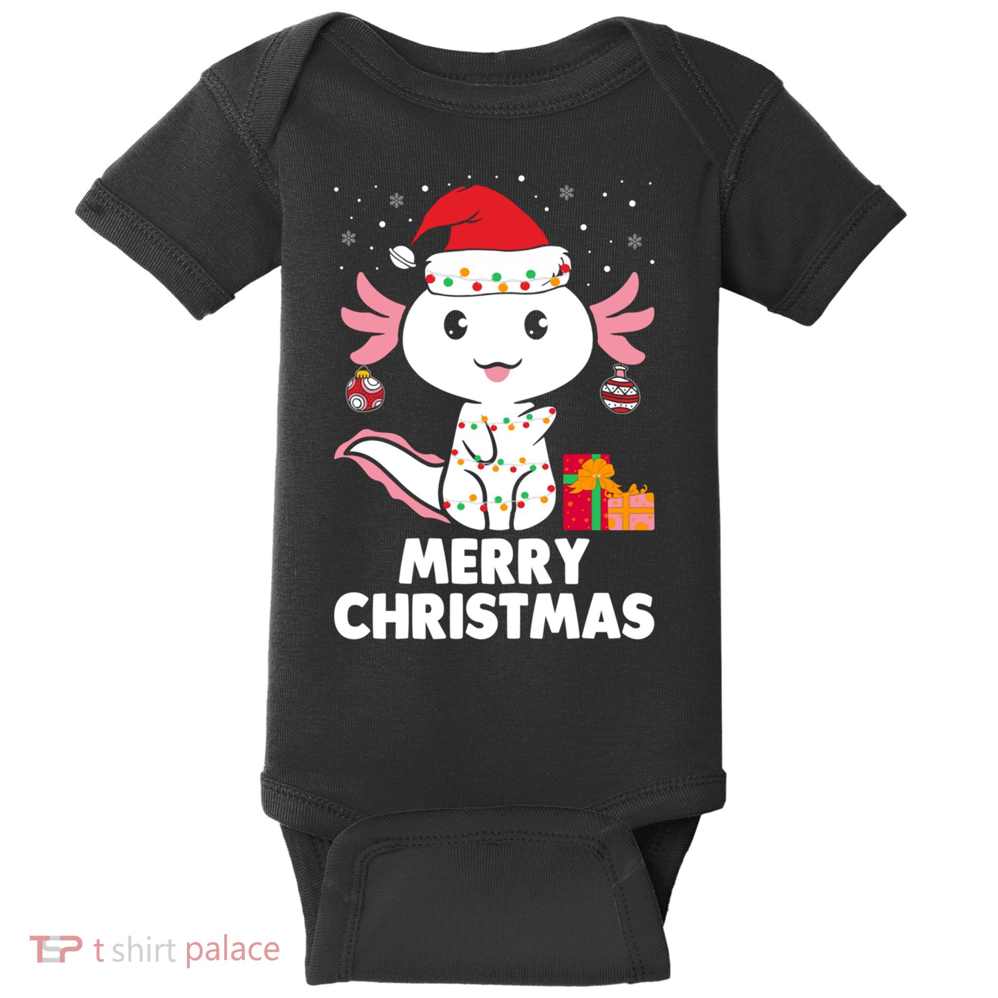 Merry Christmas Axolotl Santa Hat Christmas Salamander Fish Baby Bodysuit