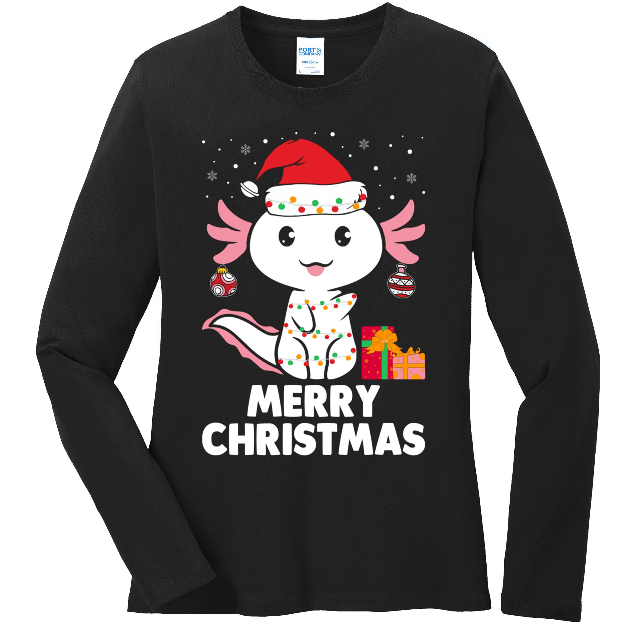Merry Christmas Axolotl Santa Hat Christmas Salamander Fish Ladies Long Sleeve Shirt
