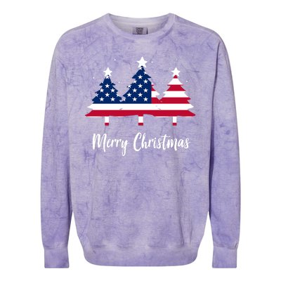 Merry Christmas American Flag Trees Colorblast Crewneck Sweatshirt