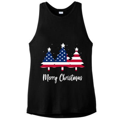 Merry Christmas American Flag Trees Ladies PosiCharge Tri-Blend Wicking Tank