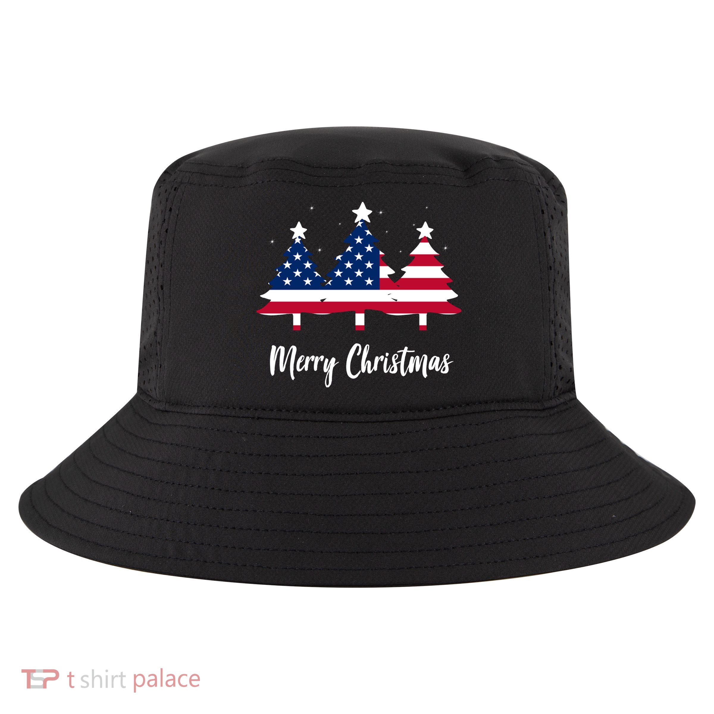 Merry Christmas American Flag Trees Cool Comfort Performance Bucket Hat