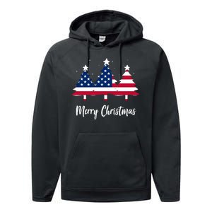 Merry Christmas American Flag Trees Performance Fleece Hoodie