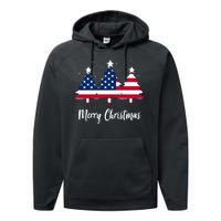 Merry Christmas American Flag Trees Performance Fleece Hoodie