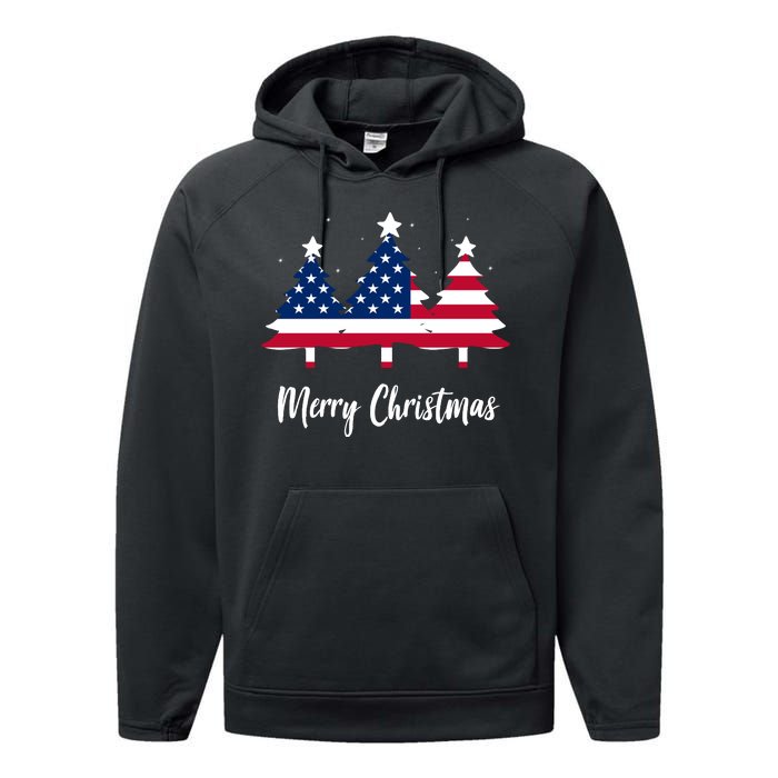 Merry Christmas American Flag Trees Performance Fleece Hoodie