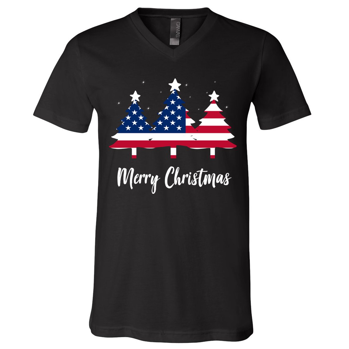 Merry Christmas American Flag Trees V-Neck T-Shirt