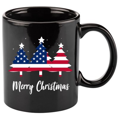 Merry Christmas American Flag Trees 11oz C Handle Ceramic Mug
