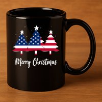 Merry Christmas American Flag Trees 11oz C Handle Ceramic Mug