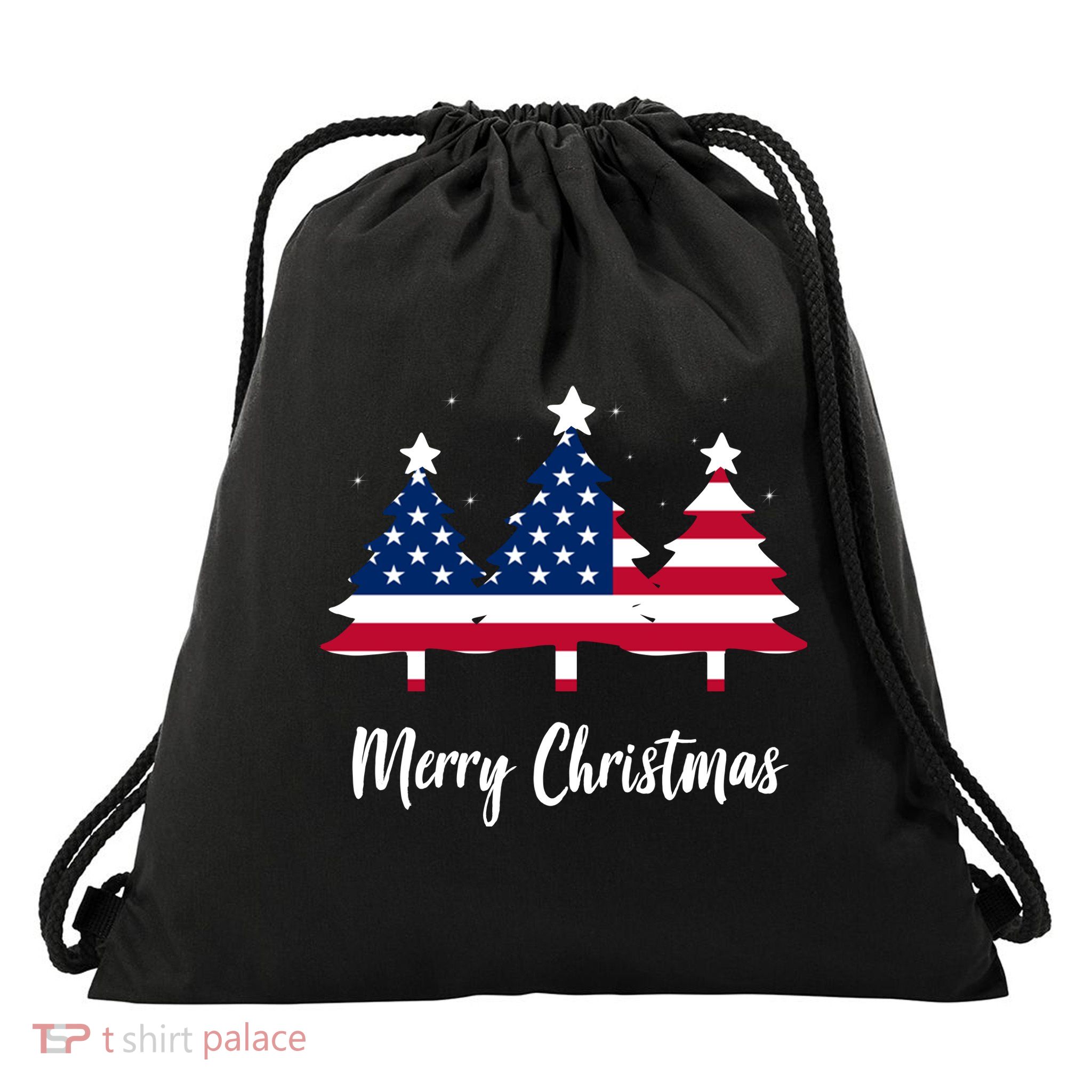 Merry Christmas American Flag Trees Drawstring Bag