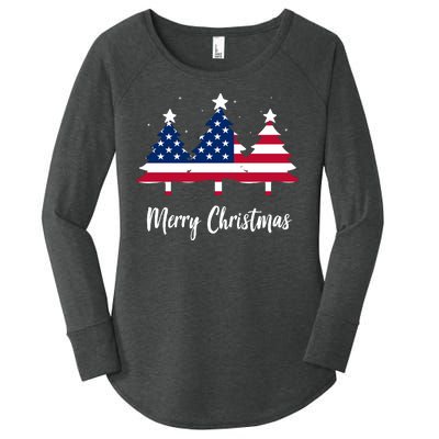 Merry Christmas American Flag Trees Women's Perfect Tri Tunic Long Sleeve Shirt