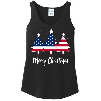 Merry Christmas American Flag Trees Ladies Essential Tank