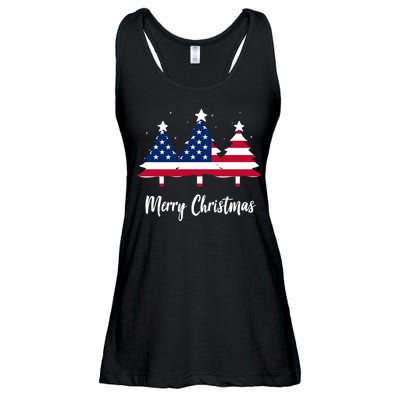 Merry Christmas American Flag Trees Ladies Essential Flowy Tank