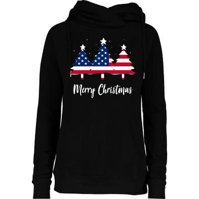 Merry Christmas American Flag Trees Womens Funnel Neck Pullover Hood