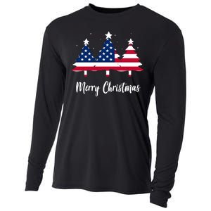 Merry Christmas American Flag Trees Cooling Performance Long Sleeve Crew