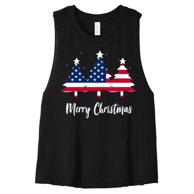 Merry Christmas American Flag Trees Women's Racerback Cropped Tank