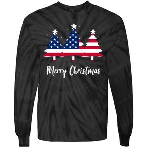 Merry Christmas American Flag Trees Tie-Dye Long Sleeve Shirt