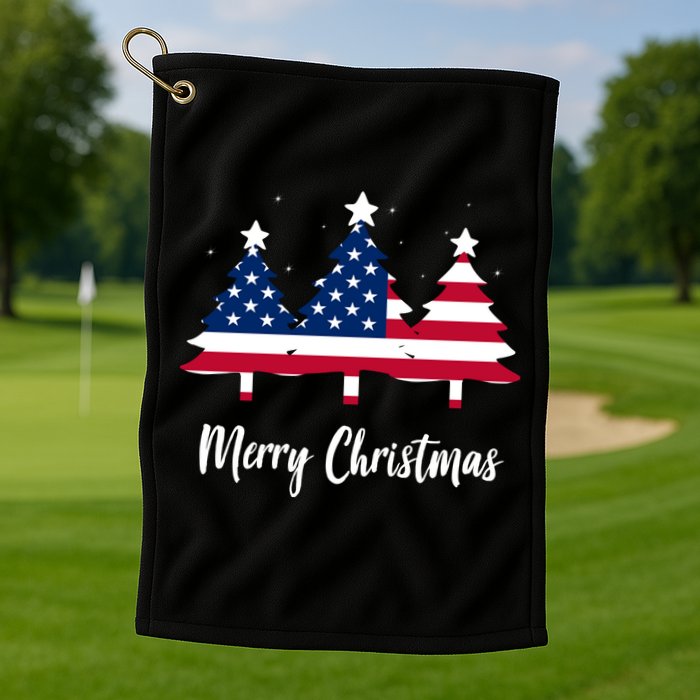 Merry Christmas American Flag Trees Golf Towel