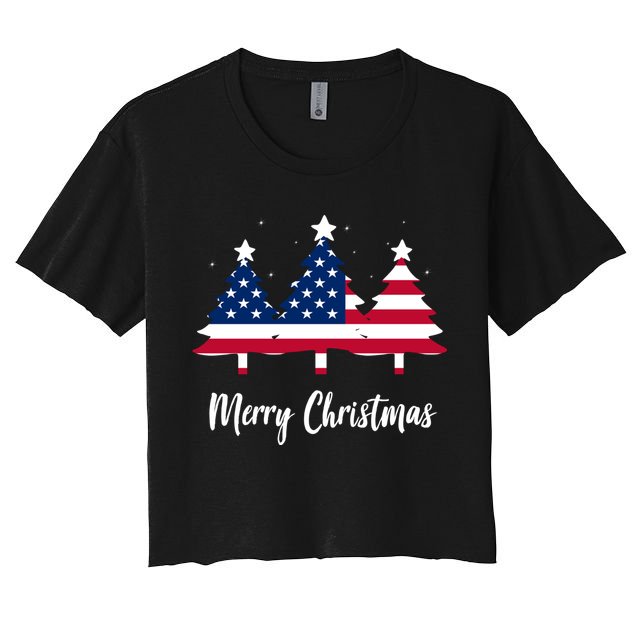 Merry Christmas American Flag Trees Crop Top