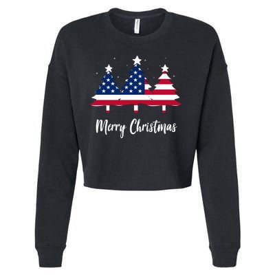 Merry Christmas American Flag Trees Cropped Pullover Crew