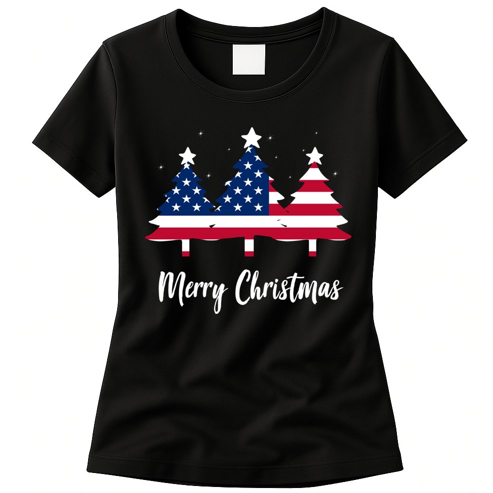 Merry Christmas American Flag Trees Womens T-Shirt