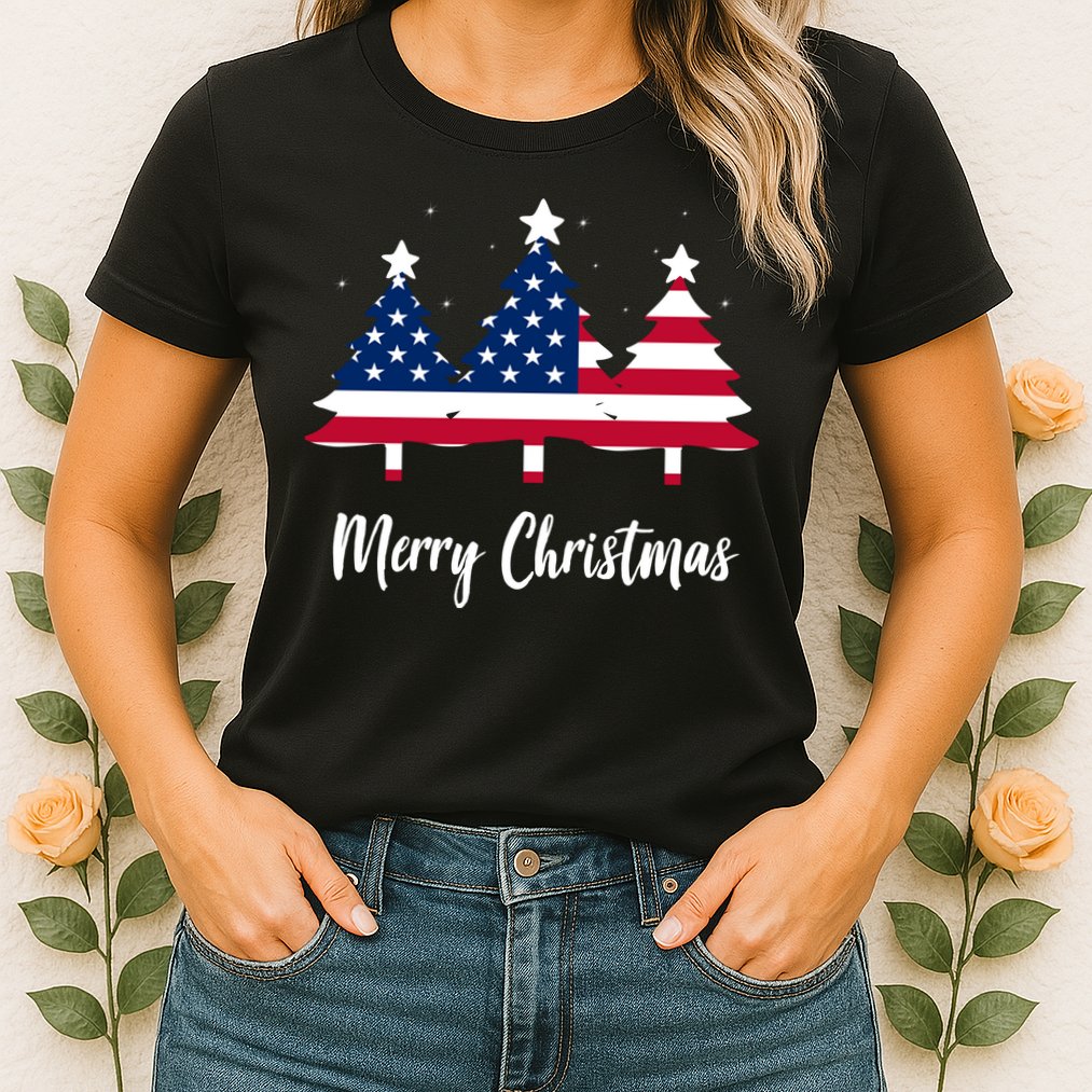 Merry Christmas American Flag Trees Womens T-Shirt