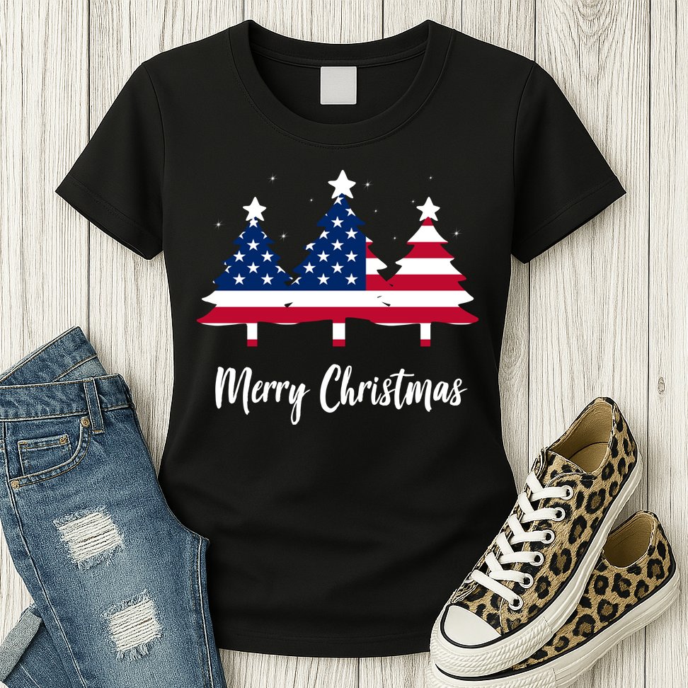 Merry Christmas American Flag Trees Womens T-Shirt