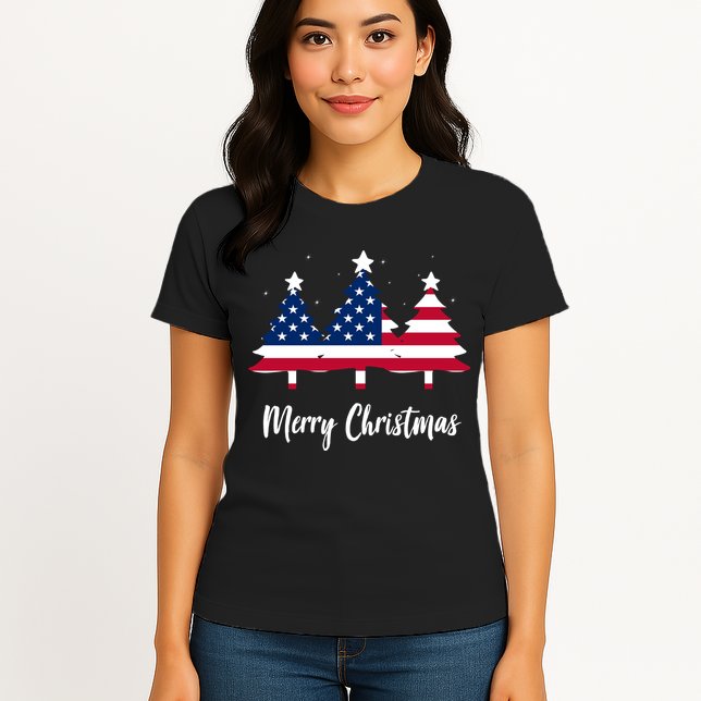 Merry Christmas American Flag Trees Womens T-Shirt