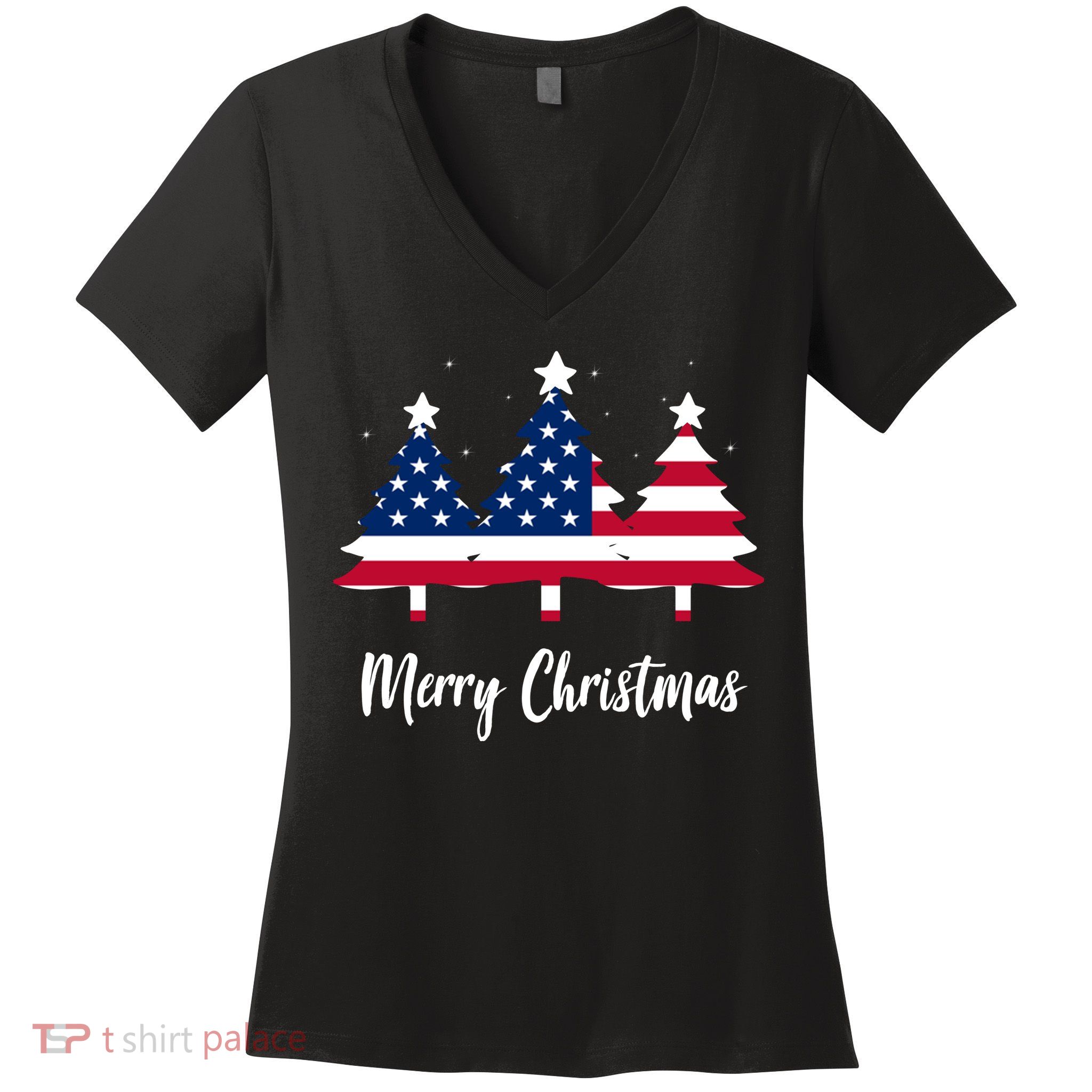 Merry Christmas American Flag Trees Women's V-Neck T-Shirt