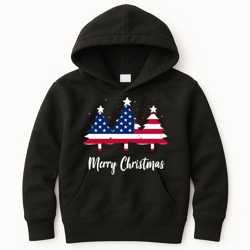Merry Christmas American Flag Trees Kids Hoodie