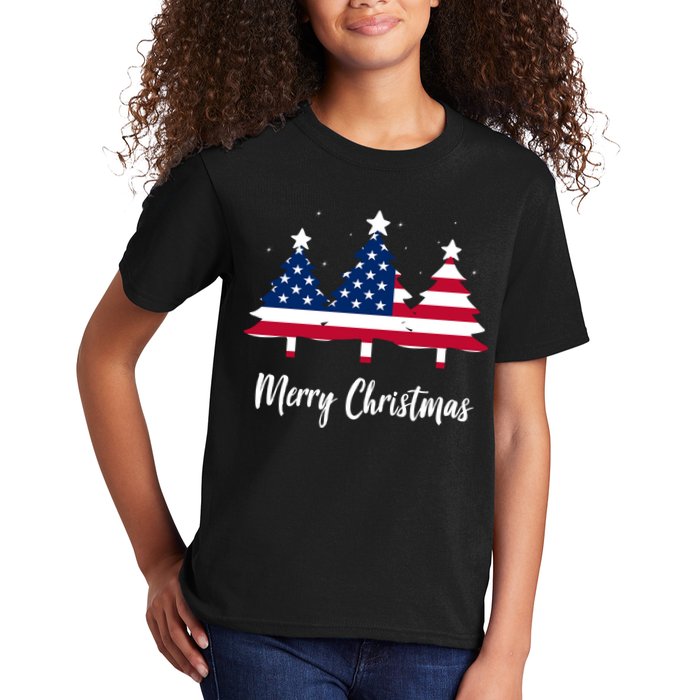Merry Christmas American Flag Trees Kids T-Shirt