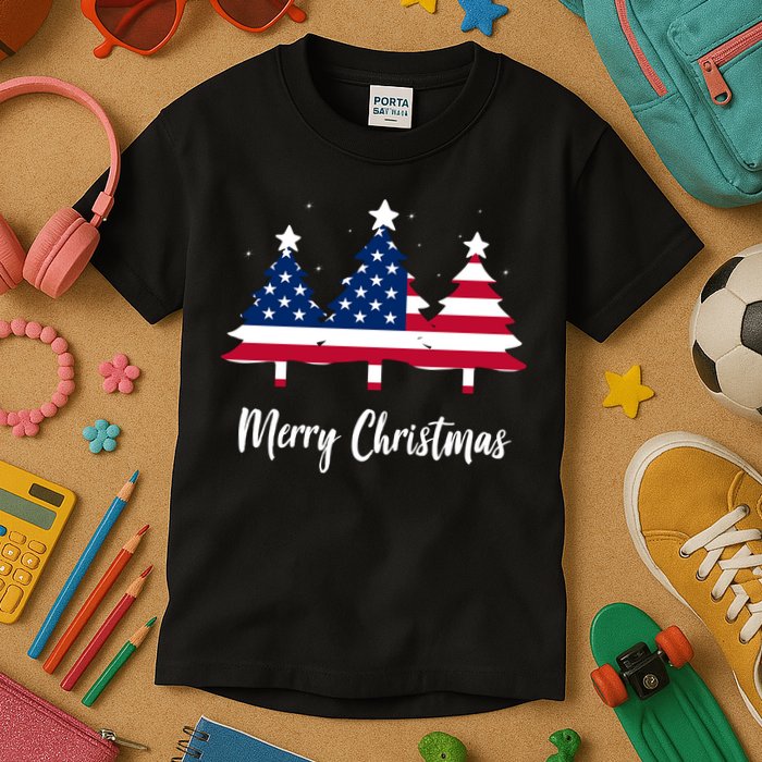 Merry Christmas American Flag Trees Kids T-Shirt