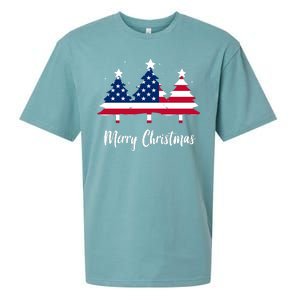 Merry Christmas American Flag Trees Sueded Cloud Jersey T-Shirt