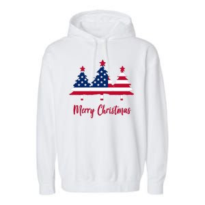 Merry Christmas American Flag Trees Garment-Dyed Fleece Hoodie