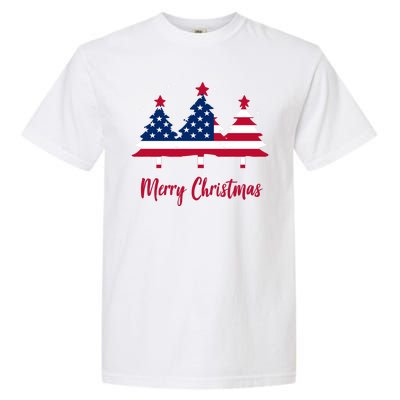 Merry Christmas American Flag Trees Garment-Dyed Heavyweight T-Shirt