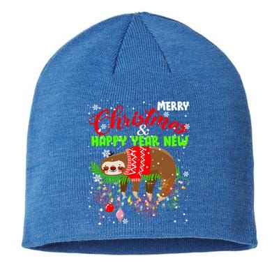 Merry Christmas And Happy New Year Funny Lazy Sleeping Sloth Gift Sustainable Beanie