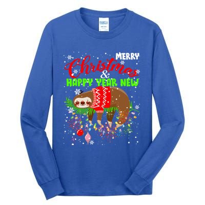 Merry Christmas And Happy New Year Funny Lazy Sleeping Sloth Gift Tall Long Sleeve T-Shirt