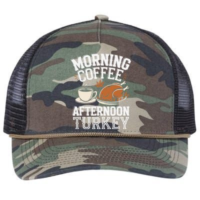 Morning Coffee Afternoon Turkey Funny Thanksgiving Retro Rope Trucker Hat Cap