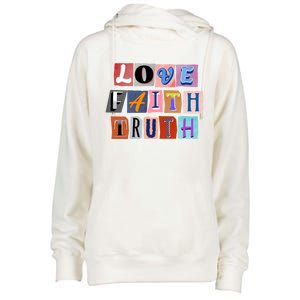 Magazine Cutout Alphabet Design: Love Faith Truth Gift Womens Funnel Neck Pullover Hood